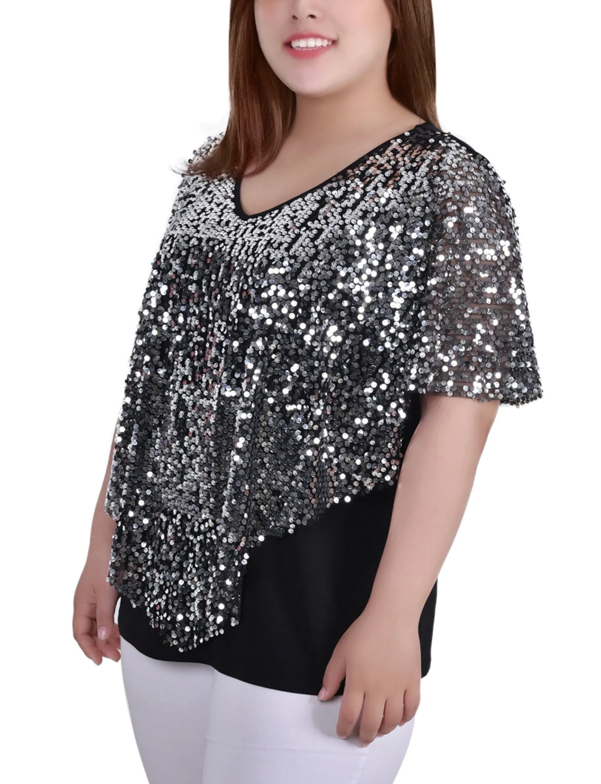 Plus Size Sequin-Front Poncho