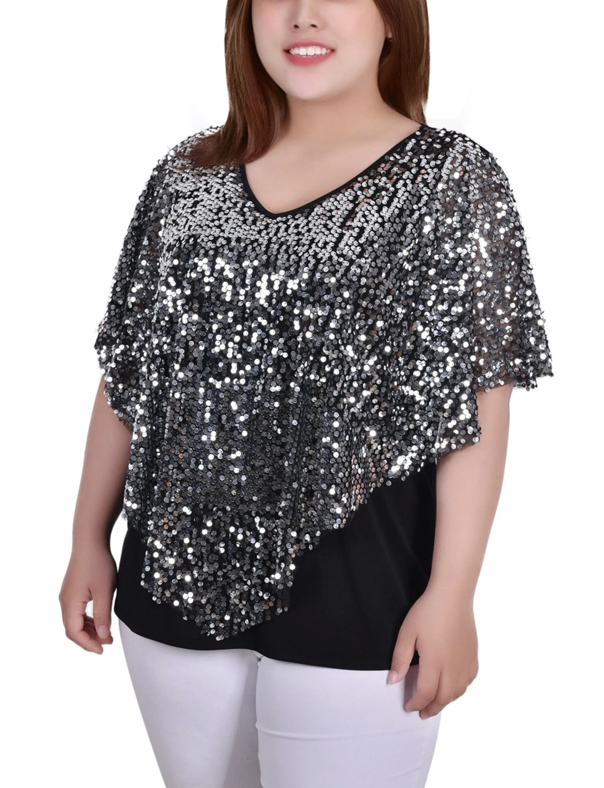 Plus Size Sequin-Front Poncho