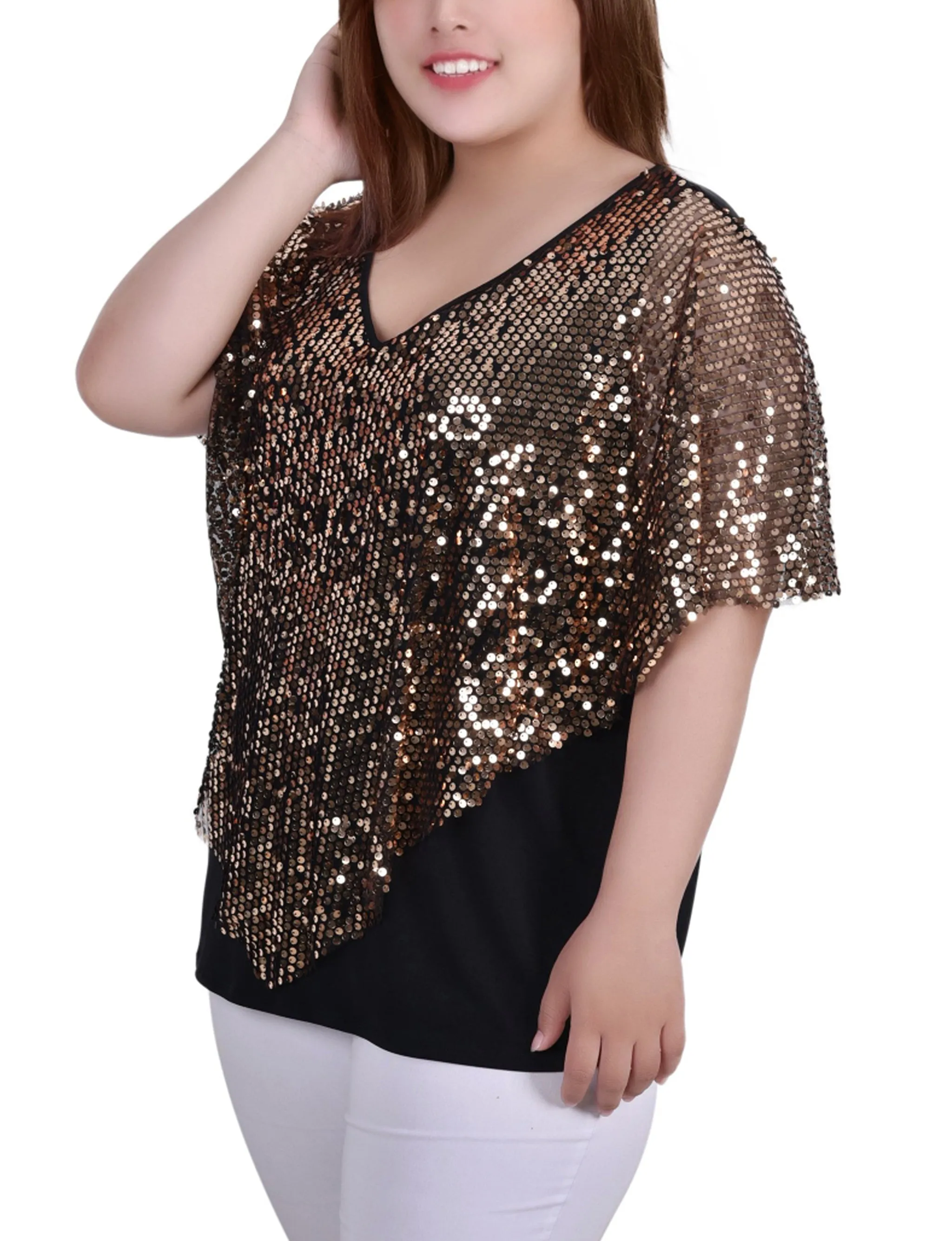 Plus Size Sequin-Front Poncho