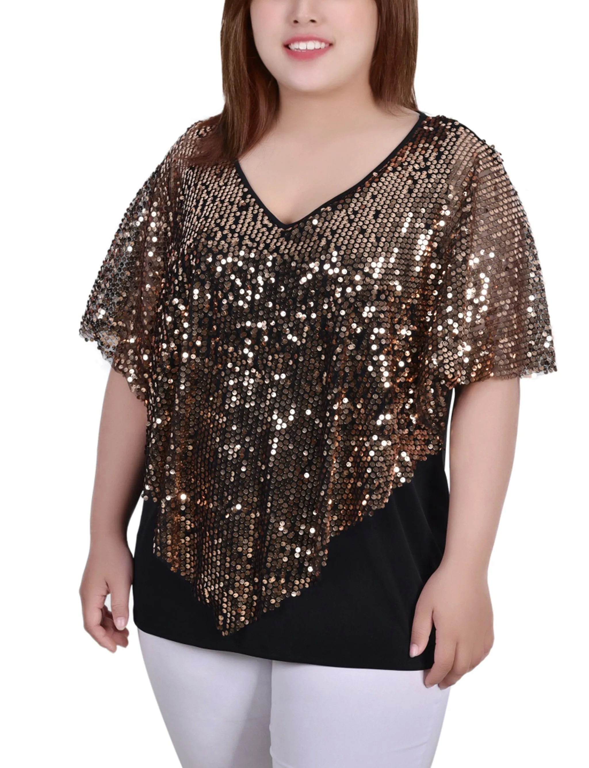 Plus Size Sequin-Front Poncho