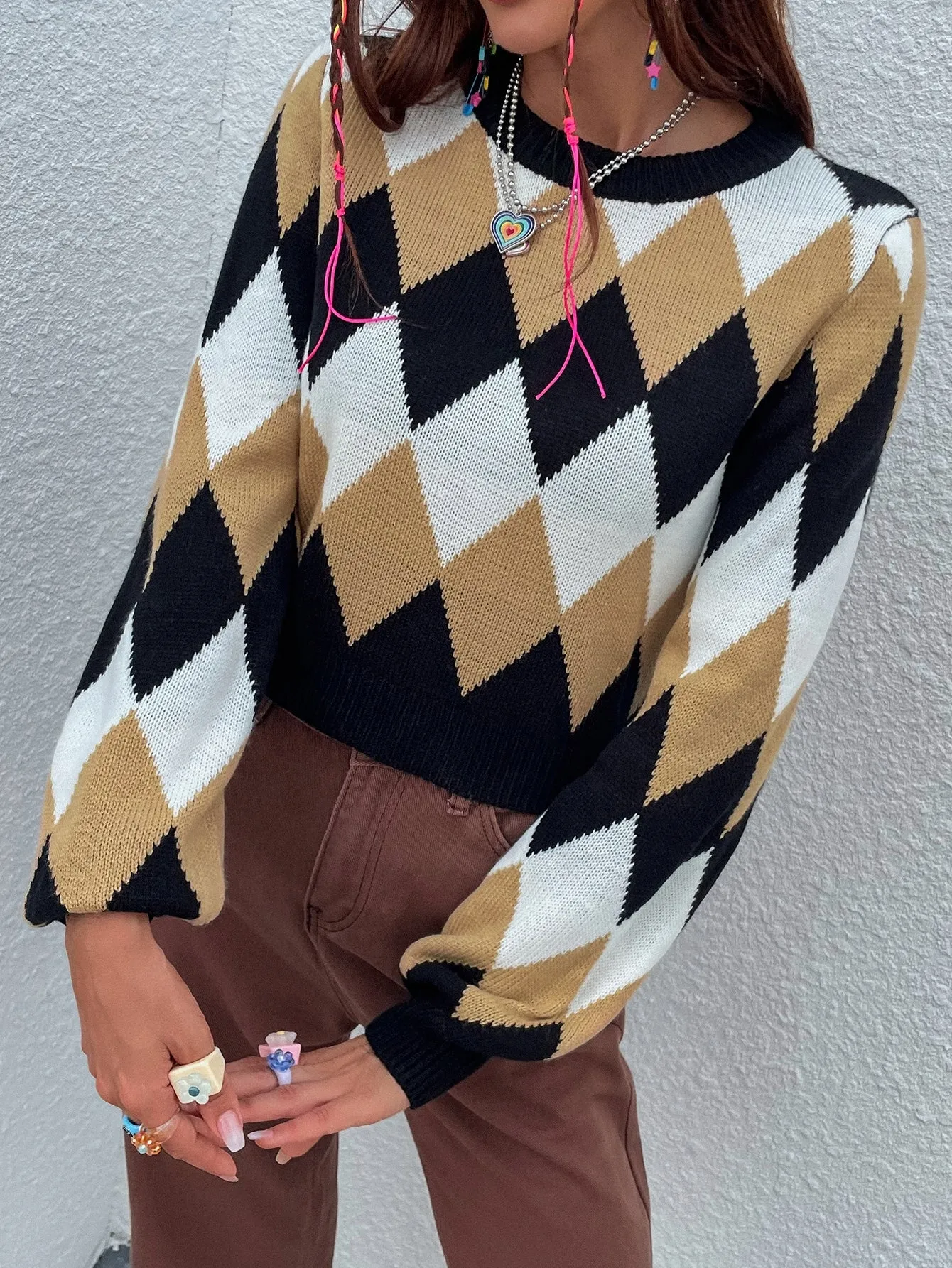 Preppy Geometric Long Sleeve Round Neck Crop Women Sweater