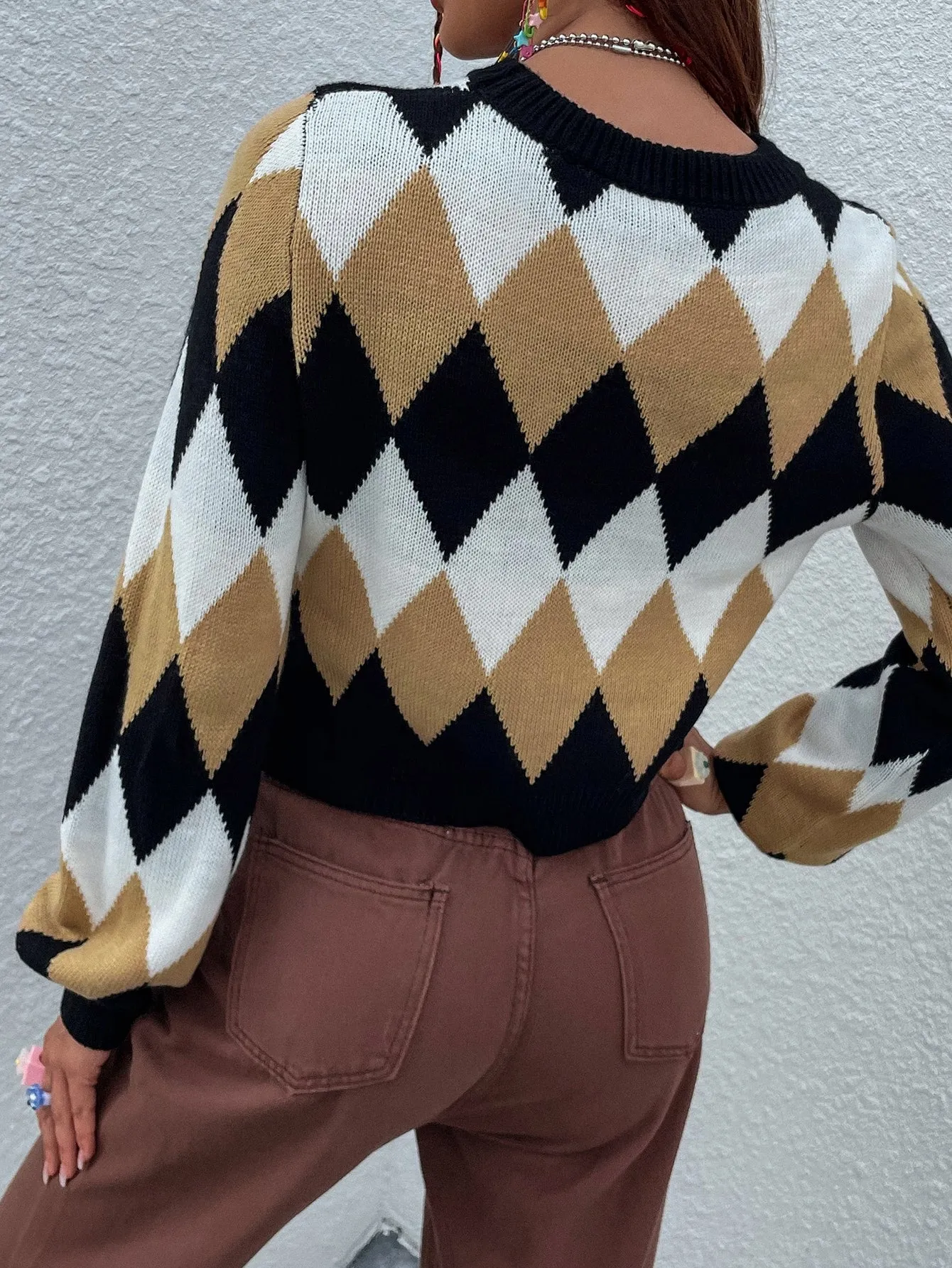 Preppy Geometric Long Sleeve Round Neck Crop Women Sweater