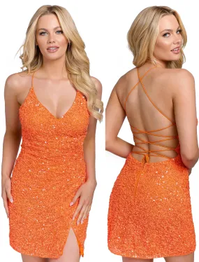 Primavera Couture 3891 Size 4 Orange Short Fitted Sequin Formal Slit Cocktail Prom Dress Backless Corset