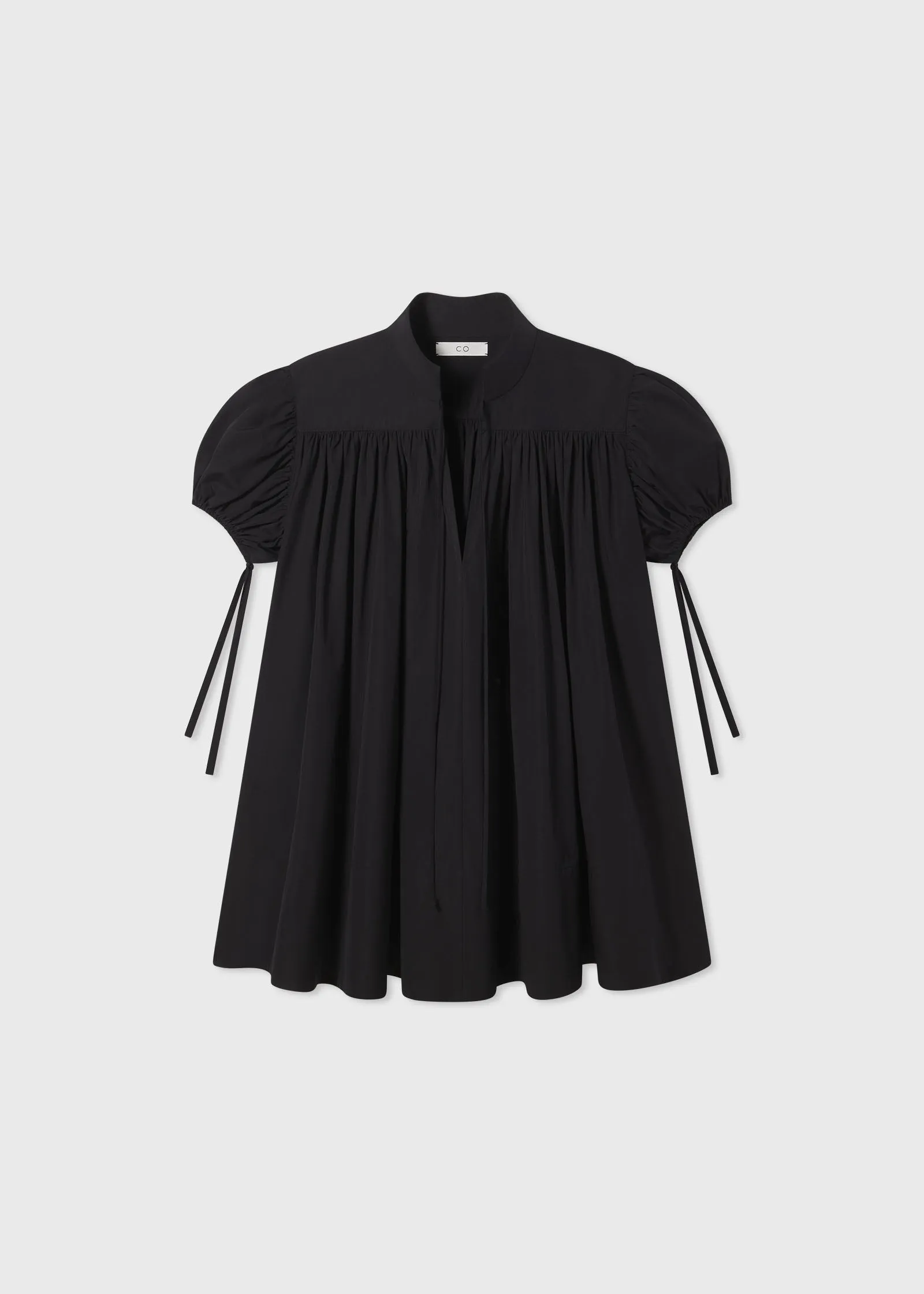 Puff Sleeve Gathered Tunic Shirt in Cotton Poplin - Black