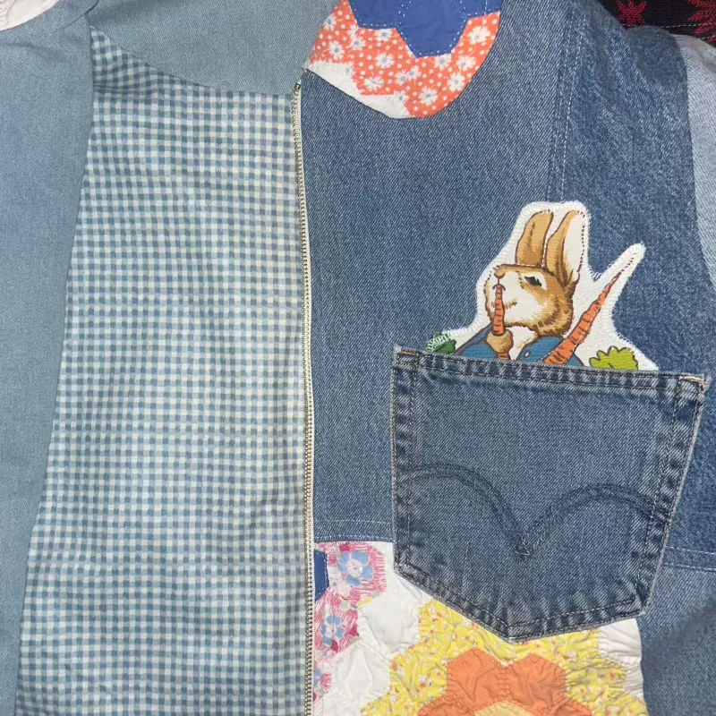 Quilted Denim Jacket featuring Vintage Beatrix Potter Fabric Appliques