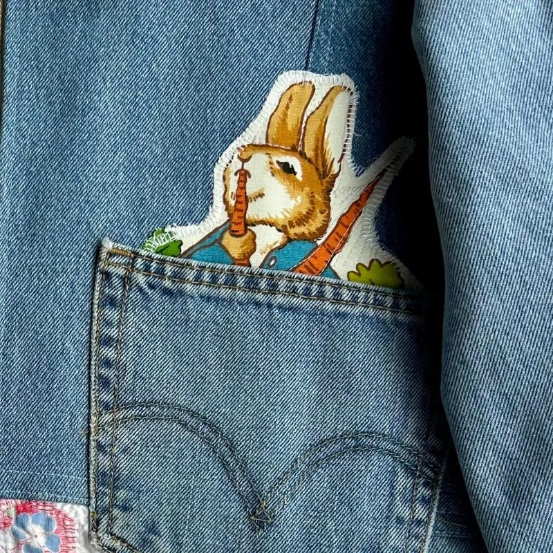 Quilted Denim Jacket featuring Vintage Beatrix Potter Fabric Appliques