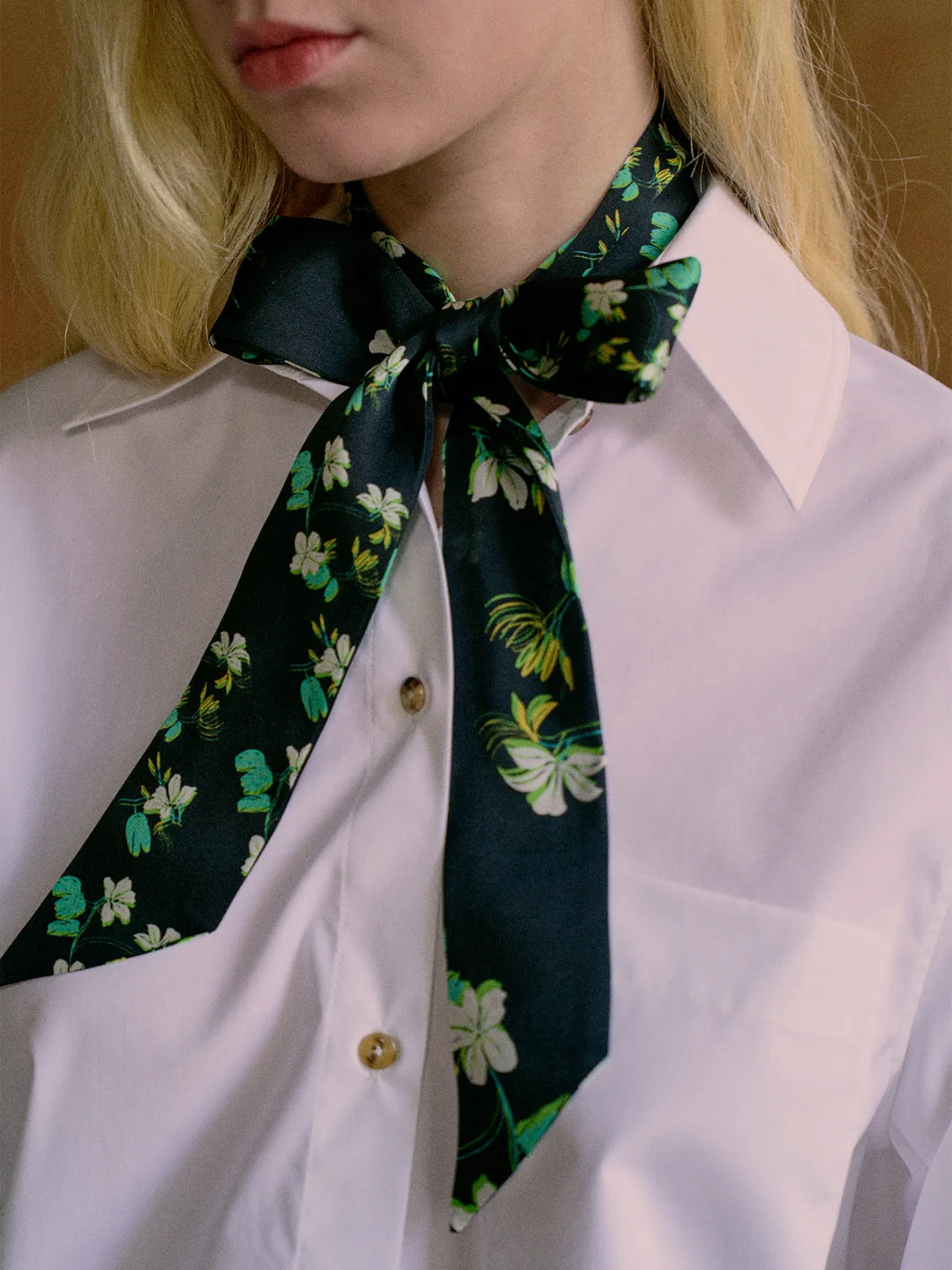 "Beach Blossom" Silk Skinny Scarf - Black