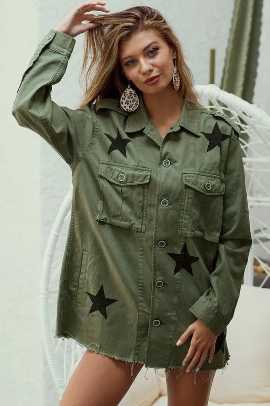 Raw edged hem star print denim jacket