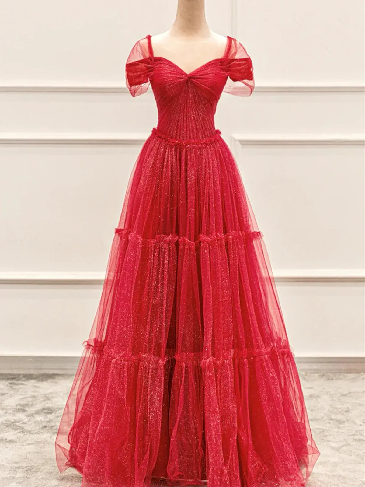 Red A-line Tulle Layers Off Shoulder Prom Dress, Red Shiny Tulle Party Dress