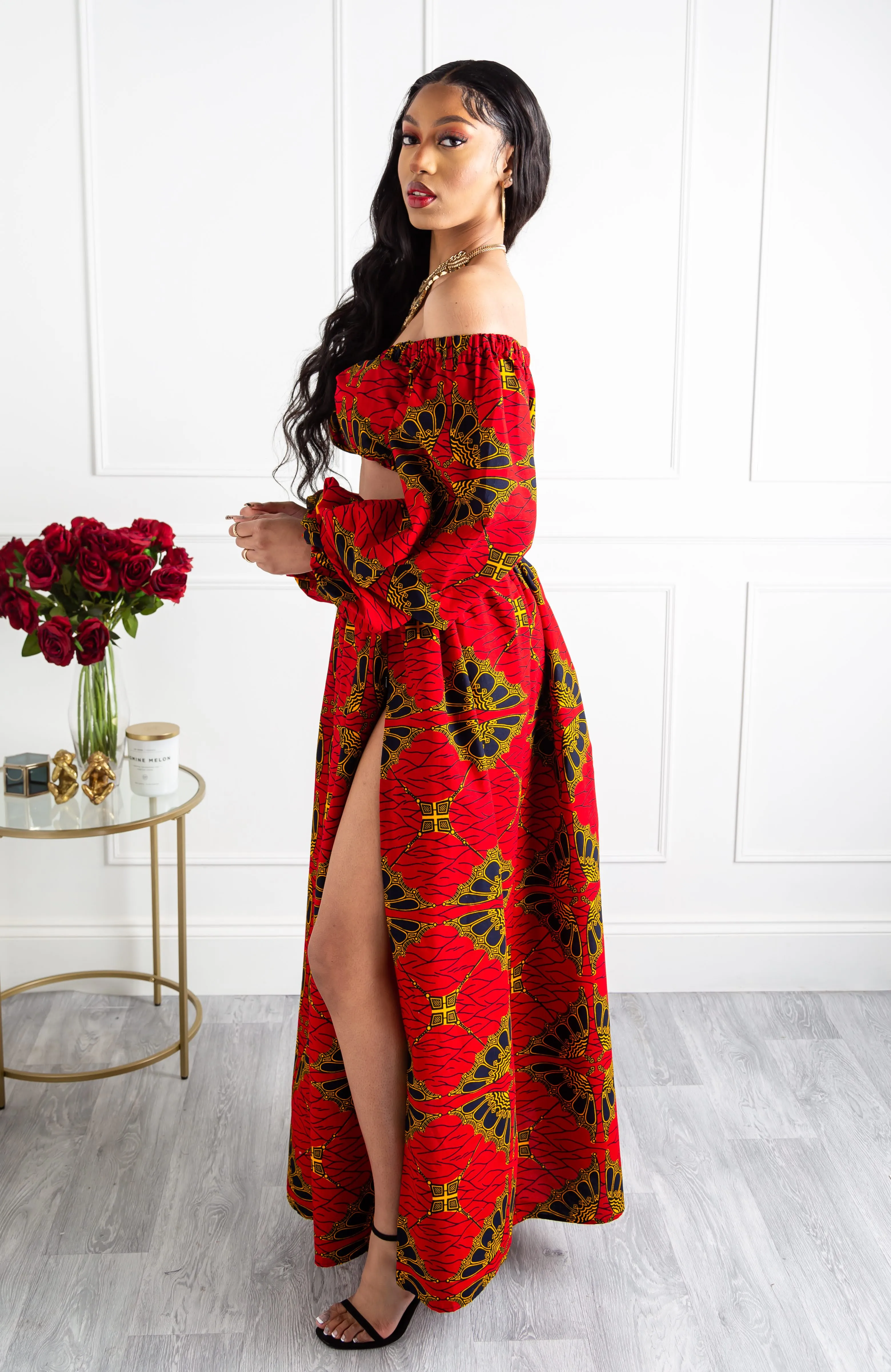 Red African Print Maxi Skirt & Crop Top Set - CORDELIA