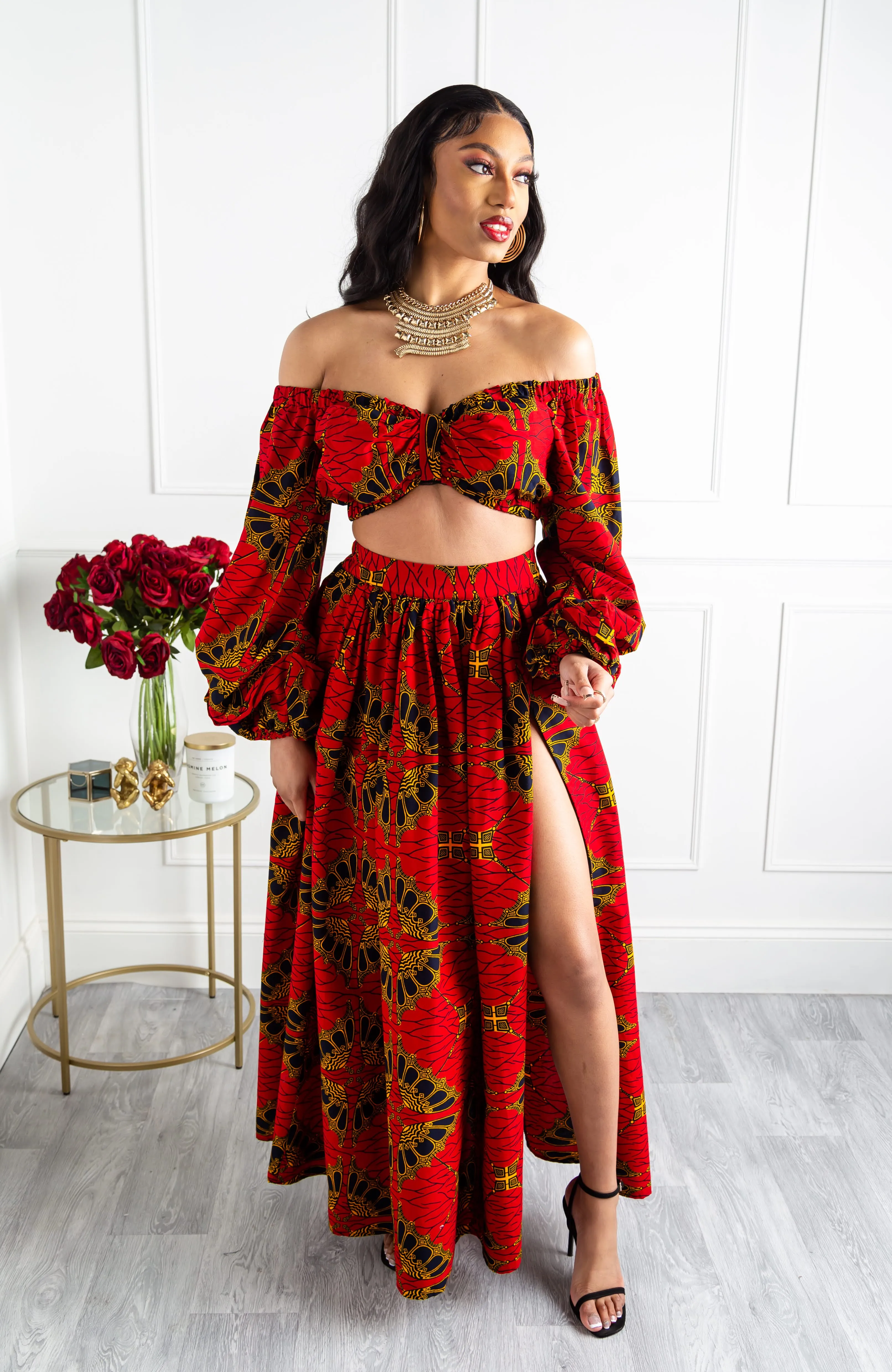 Red African Print Maxi Skirt & Crop Top Set - CORDELIA