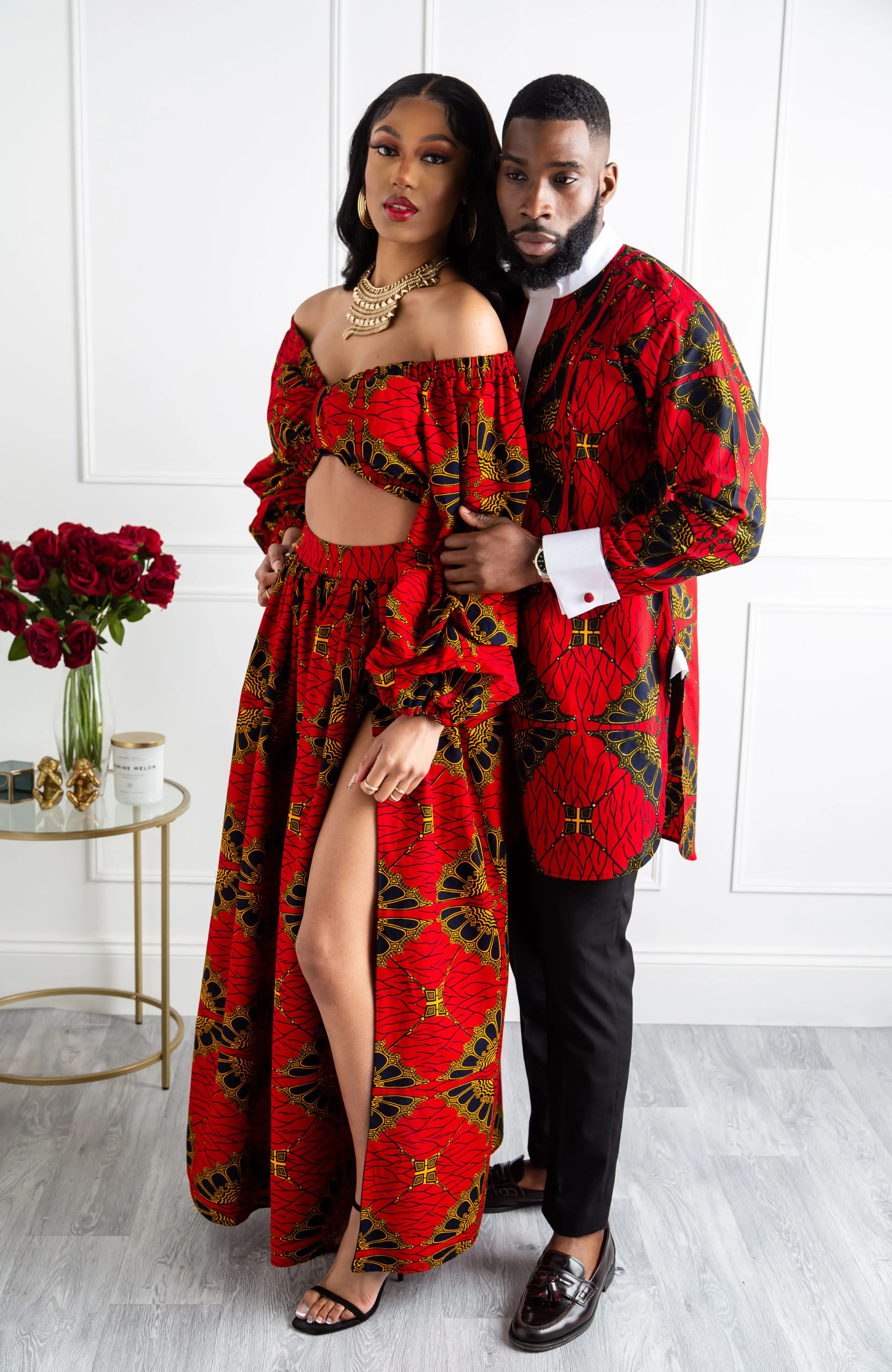 Red African Print Maxi Skirt & Crop Top Set - CORDELIA