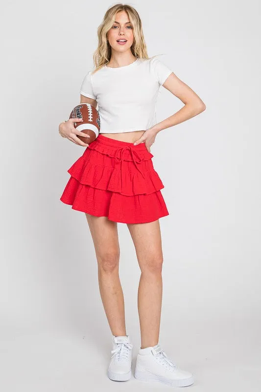 Red Washed Cotton Gauze Ruffle Skort