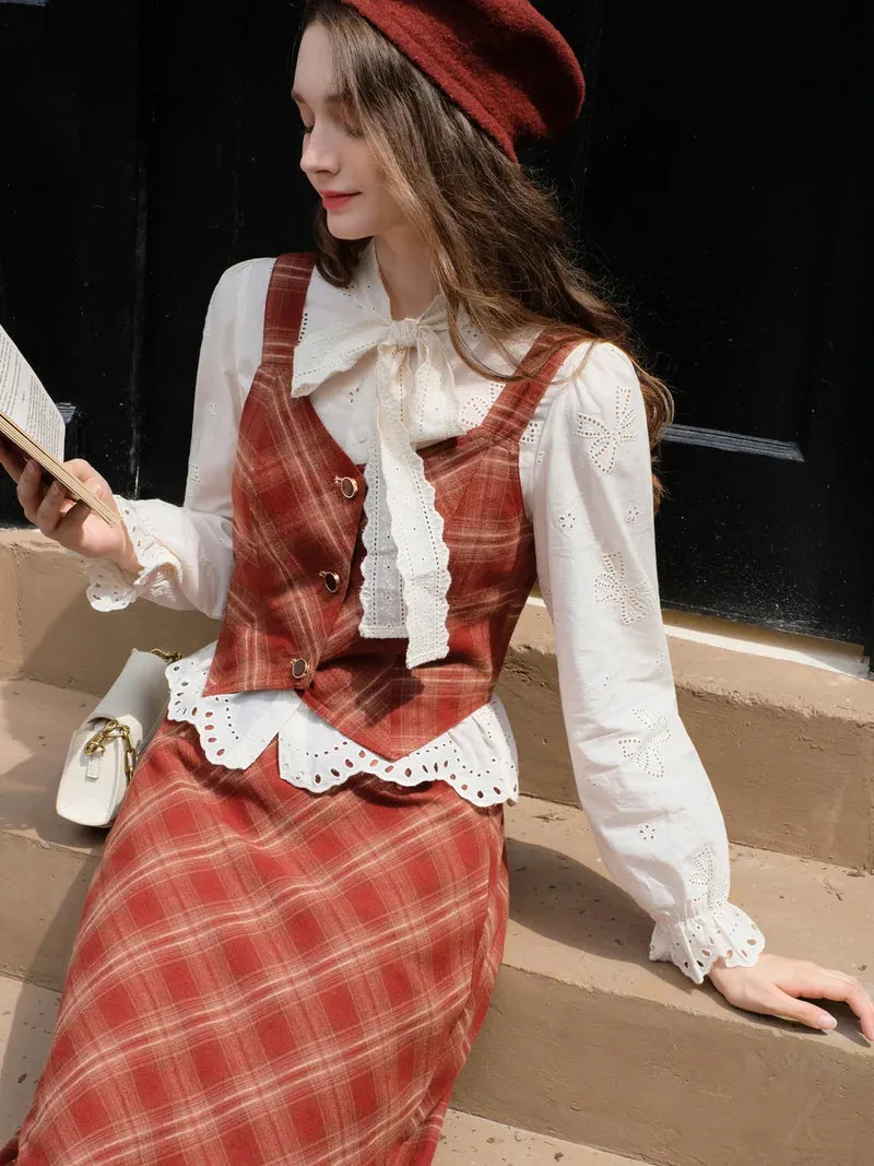 Retro Academia Blouse Plaid Vest Skirt Set