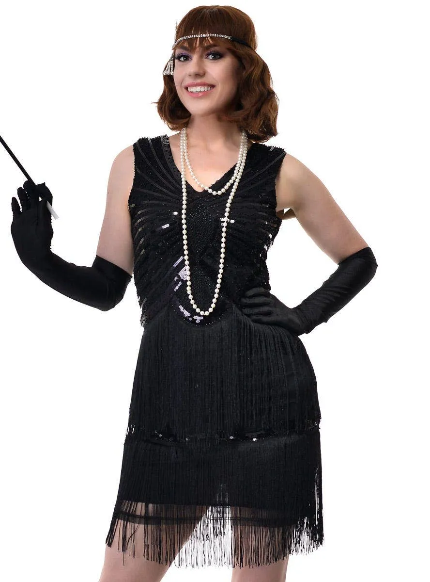 Roaring 20s Plus Size Womens Short Black Sequin Flapper Dress