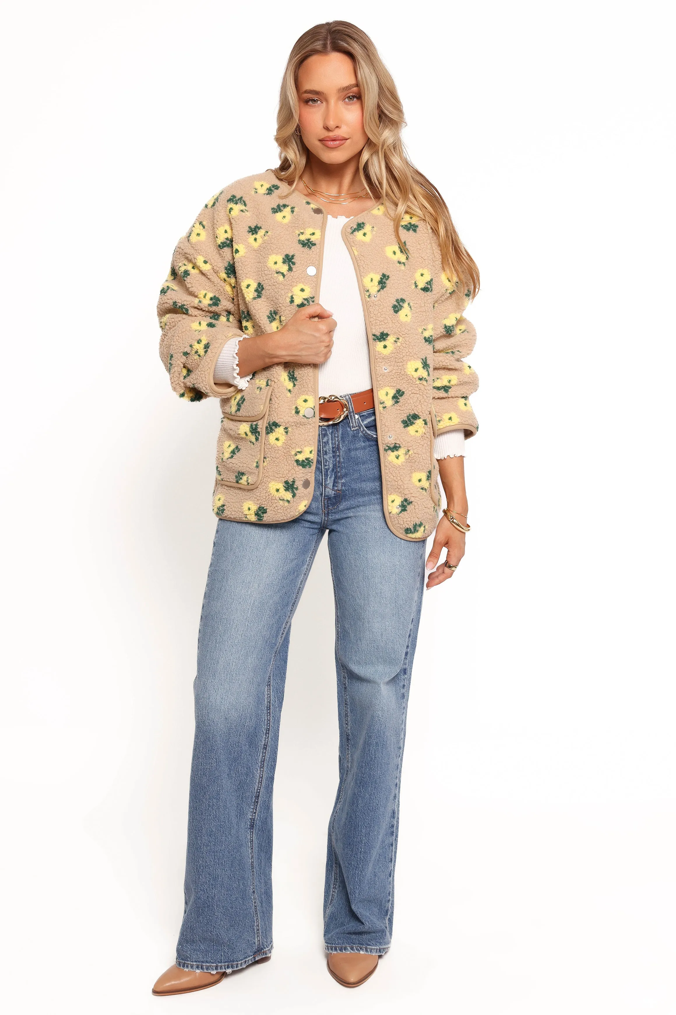 Roux Flower Print Shearling Jacket - Taupe