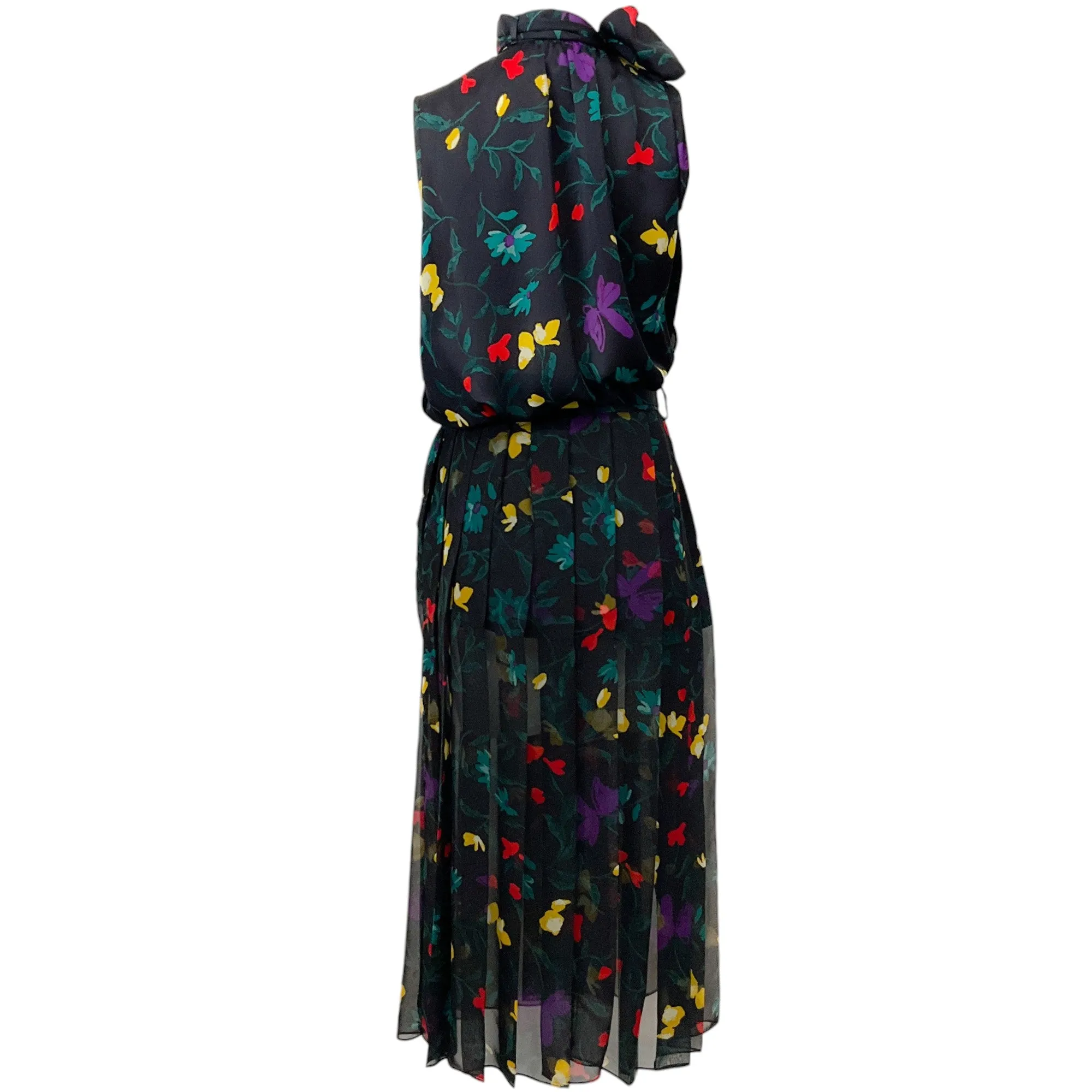 Sacai Navy Multi Floral Sleeveless Tie Neck Dress