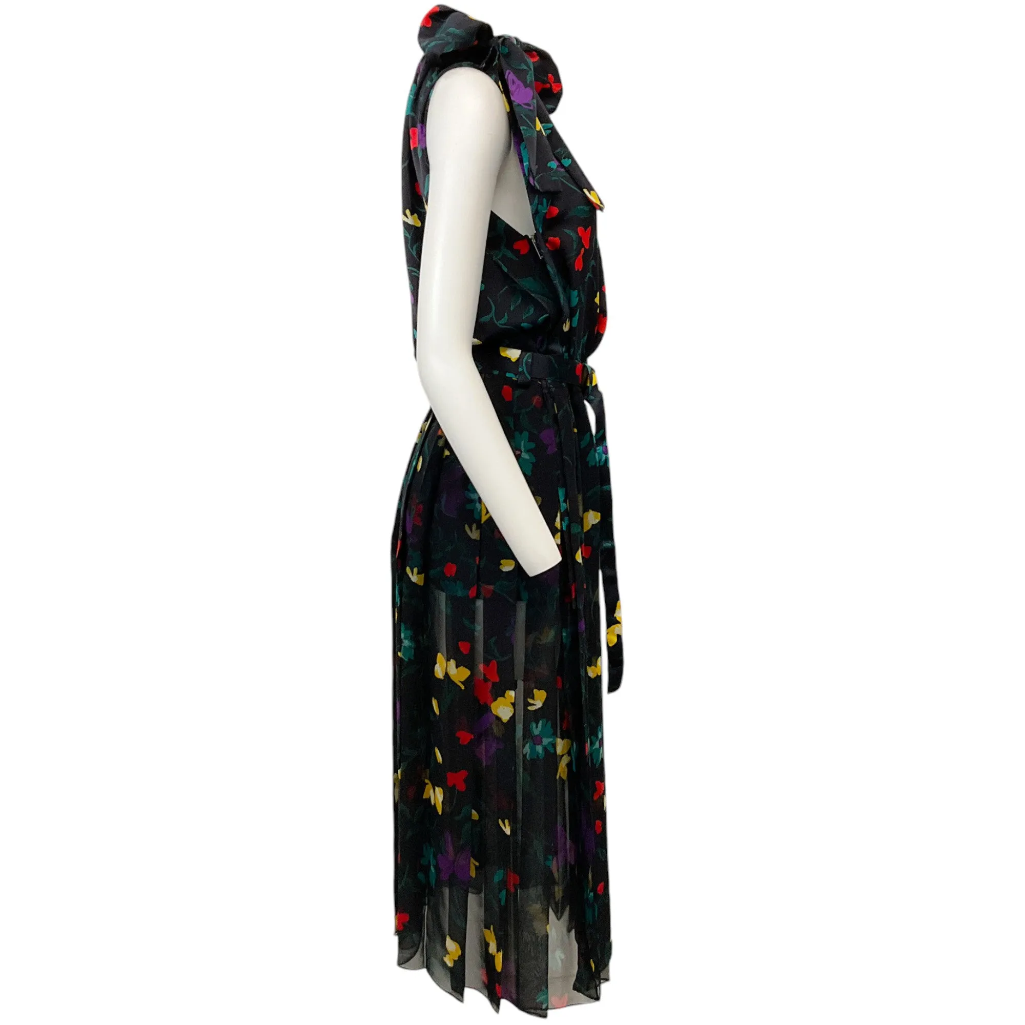 Sacai Navy Multi Floral Sleeveless Tie Neck Dress