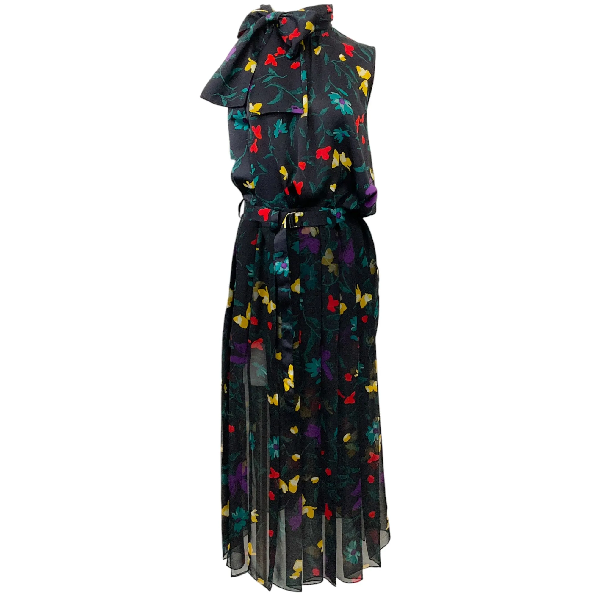 Sacai Navy Multi Floral Sleeveless Tie Neck Dress