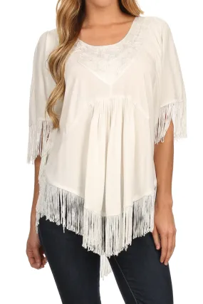 Sakkas Lilly Boho Embroidered Fringe Poncho Top