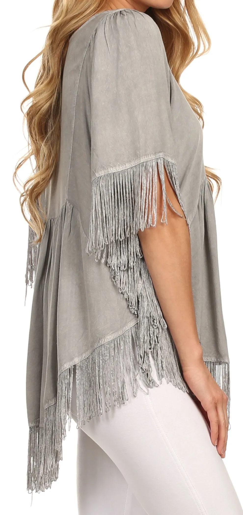 Sakkas Lilly Boho Embroidered Fringe Poncho Top