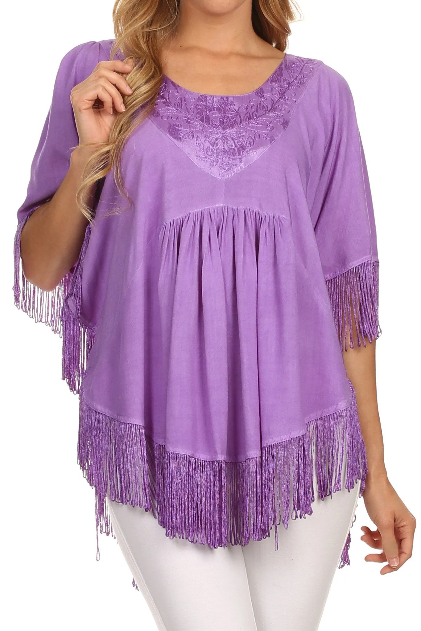 Sakkas Lilly Boho Embroidered Fringe Poncho Top