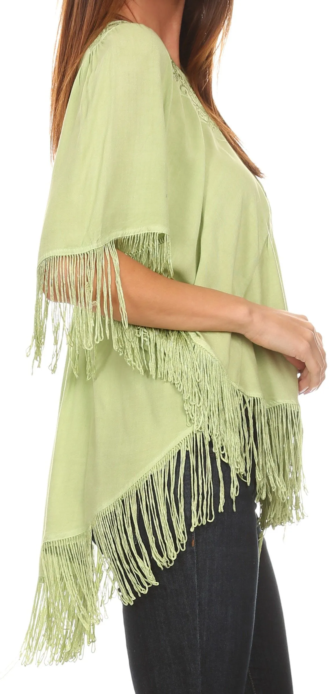 Sakkas Lilly Boho Embroidered Fringe Poncho Top