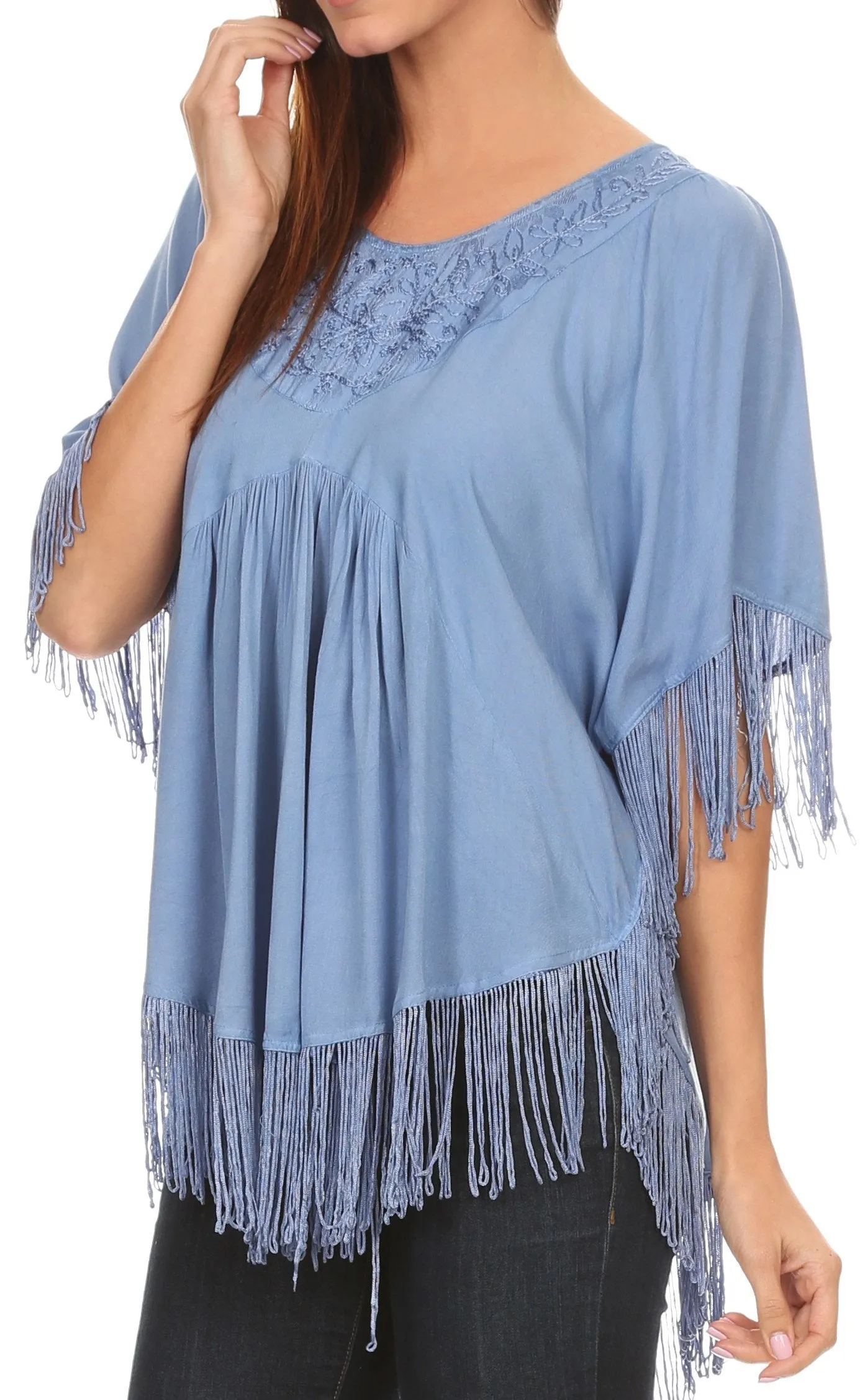 Sakkas Lilly Boho Embroidered Fringe Poncho Top