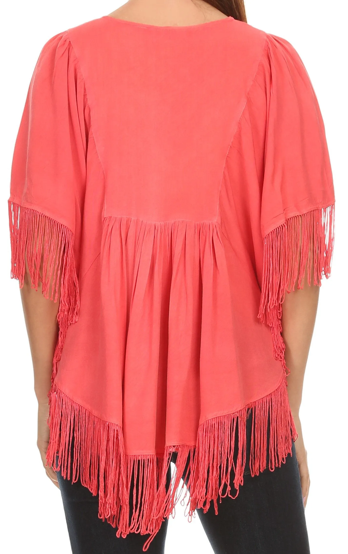 Sakkas Lilly Boho Embroidered Fringe Poncho Top