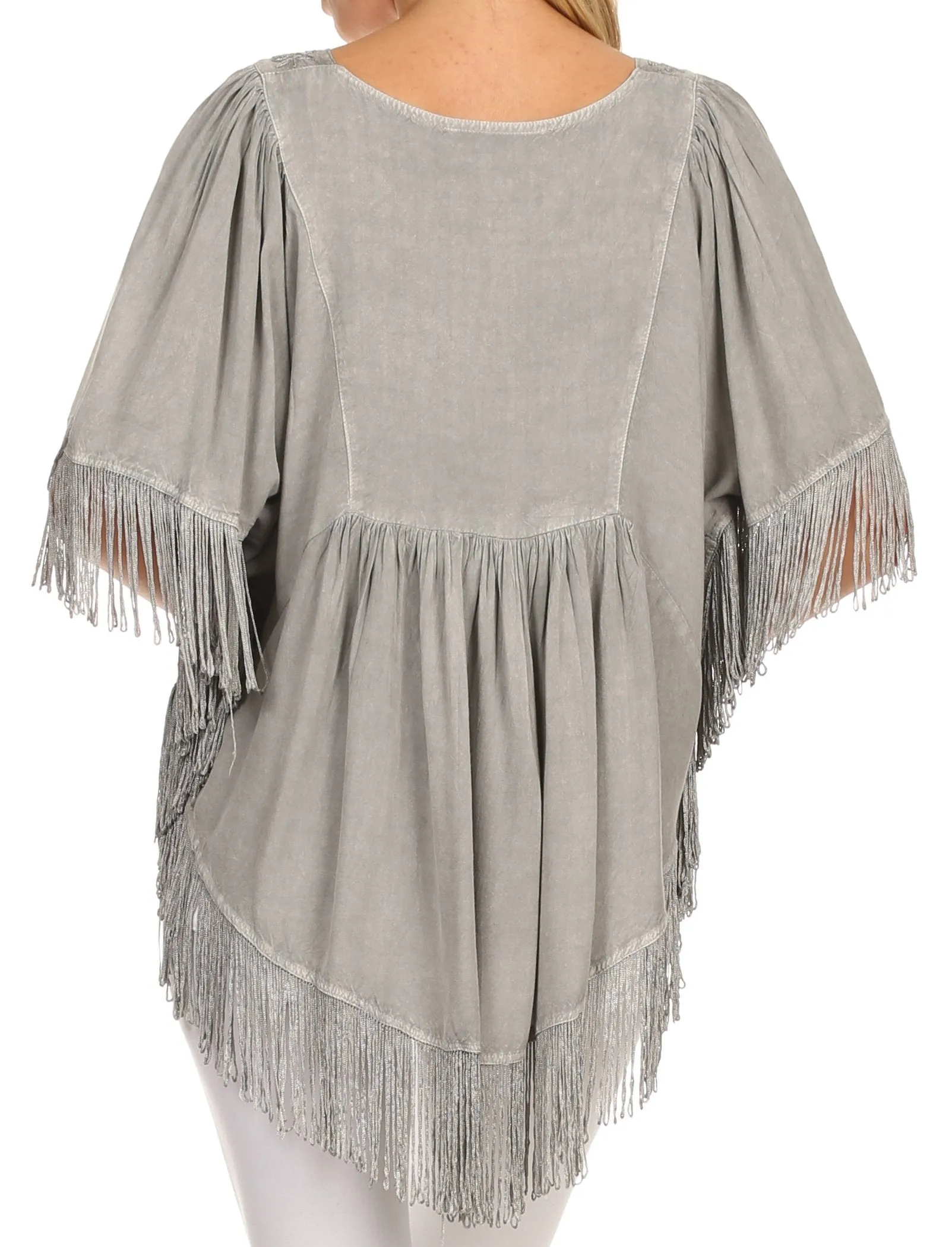 Sakkas Lilly Boho Embroidered Fringe Poncho Top