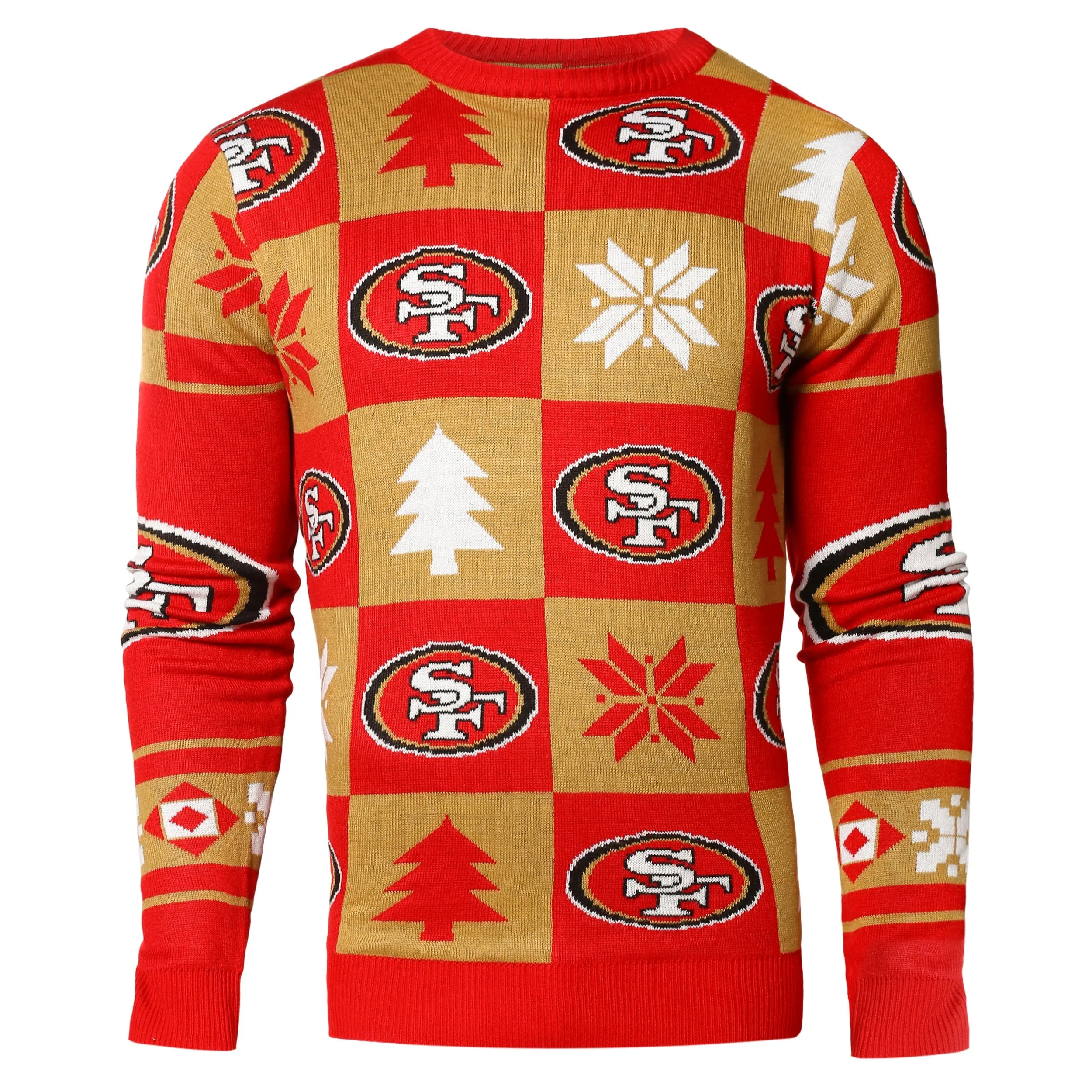 San Francisco 49ers NFL Forever Collectibles Red Gold Knit Patches Ugly Sweater