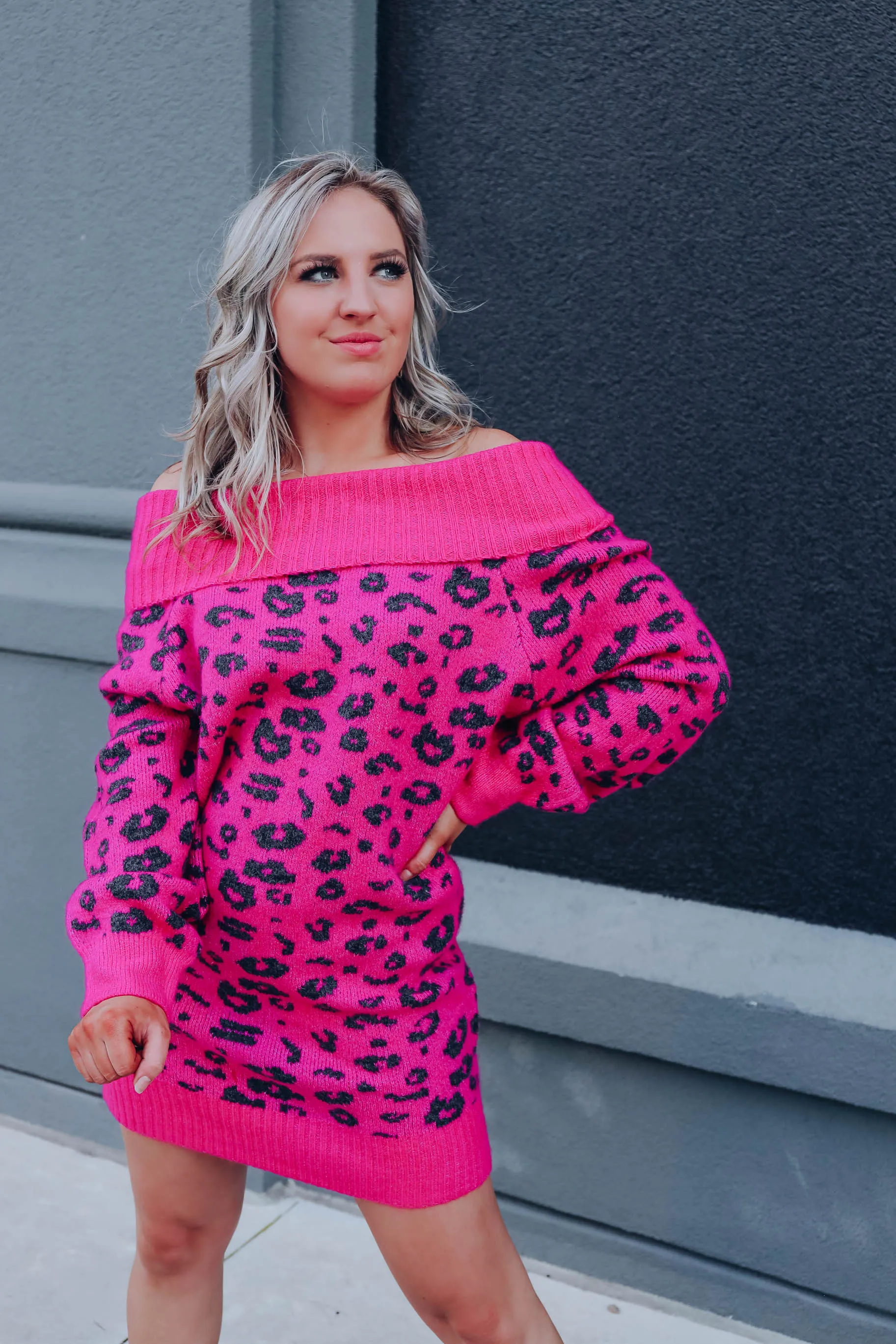 Sassy Animal Print Sweater Dress - Magenta