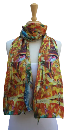 Scarf with colorful, abstract print of bridges