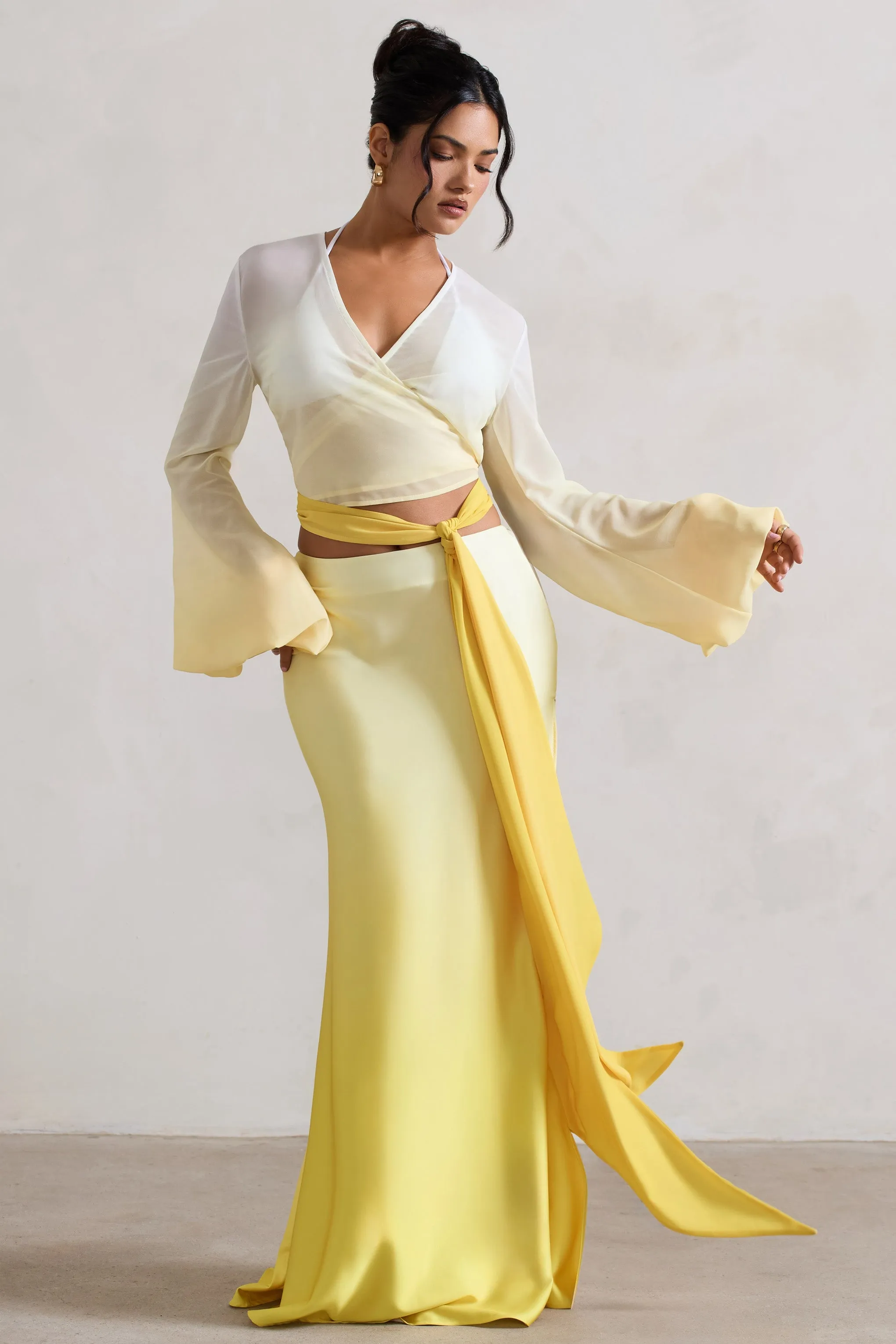 Serita | Yellow Ombre Satin Split Maxi Skirt