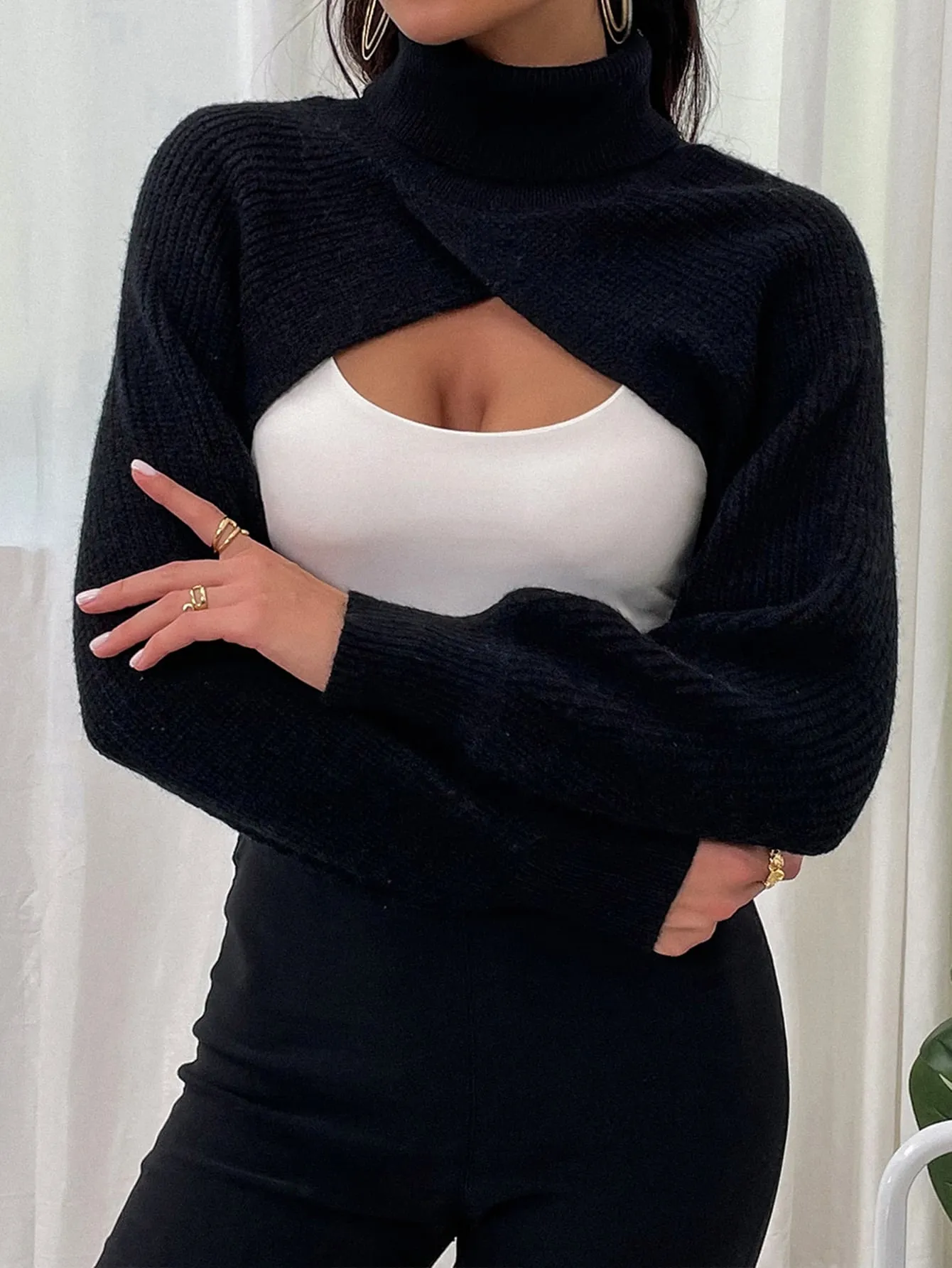 Sexy Plain Long Sleeve High Neck Crop Women Sweater