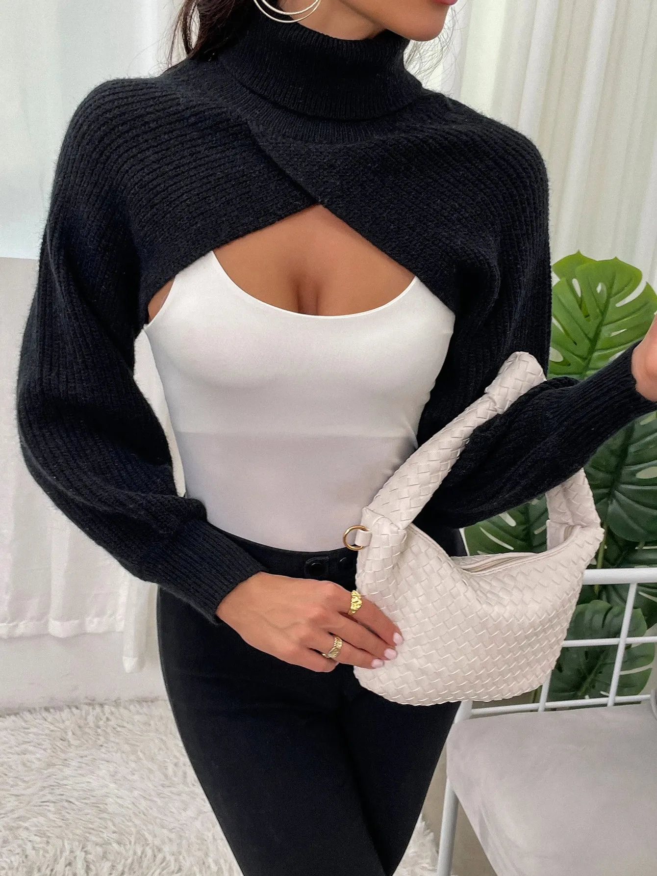 Sexy Plain Long Sleeve High Neck Crop Women Sweater