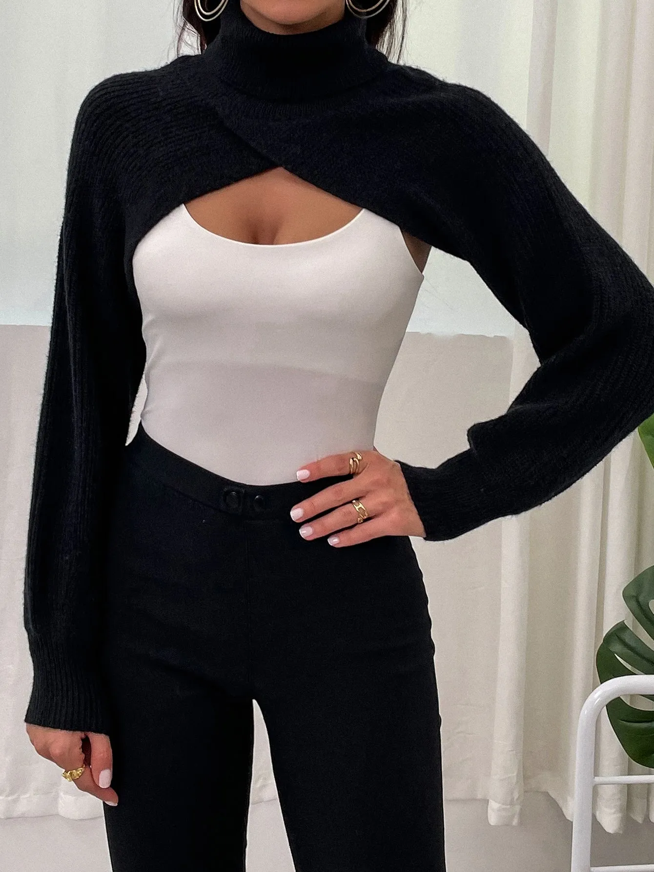 Sexy Plain Long Sleeve High Neck Crop Women Sweater