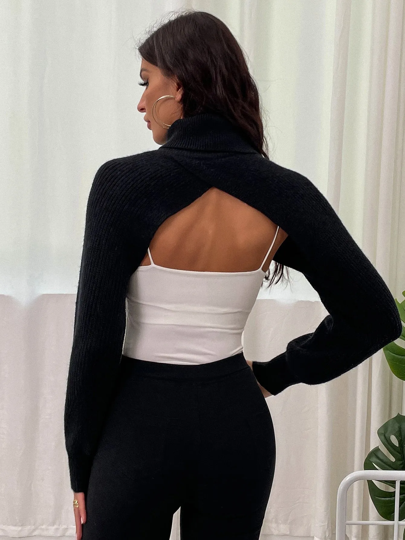 Sexy Plain Long Sleeve High Neck Crop Women Sweater