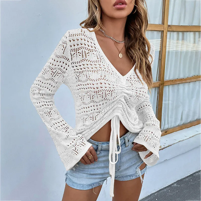 Sexy V-Neck Hollow Drawstring Knit Crop Tops Flared Sleeve Solid Color Loose Wholesale Sweater