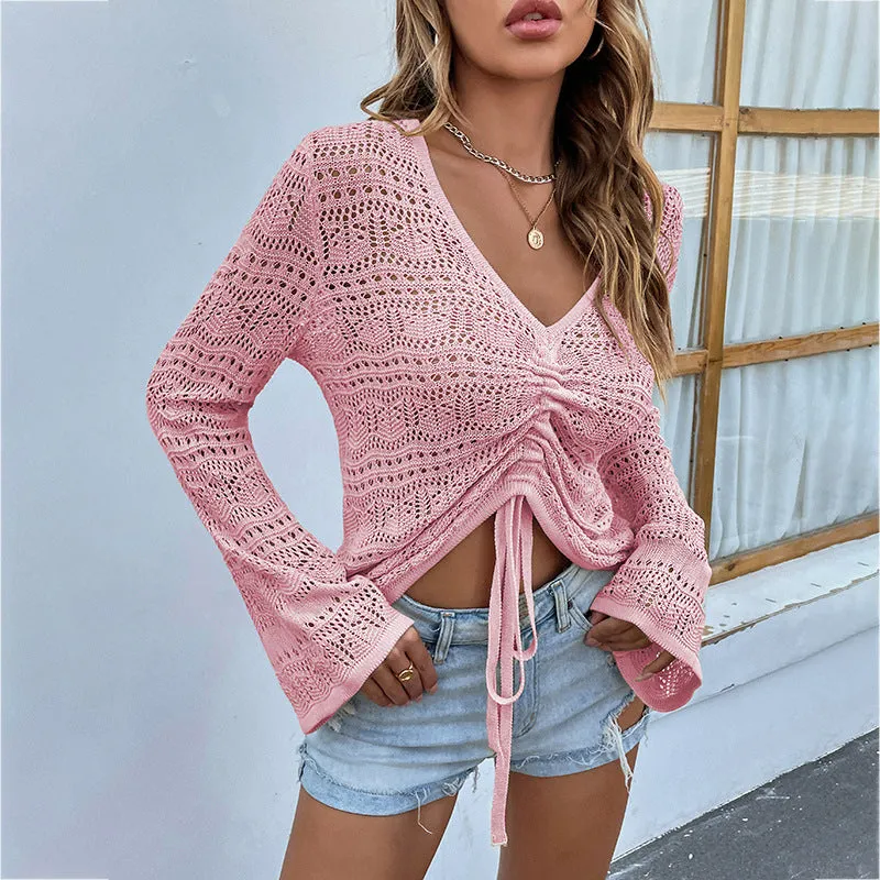 Sexy V-Neck Hollow Drawstring Knit Crop Tops Flared Sleeve Solid Color Loose Wholesale Sweater