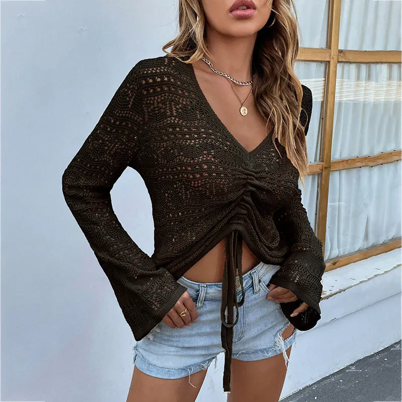 Sexy V-Neck Hollow Drawstring Knit Crop Tops Flared Sleeve Solid Color Loose Wholesale Sweater