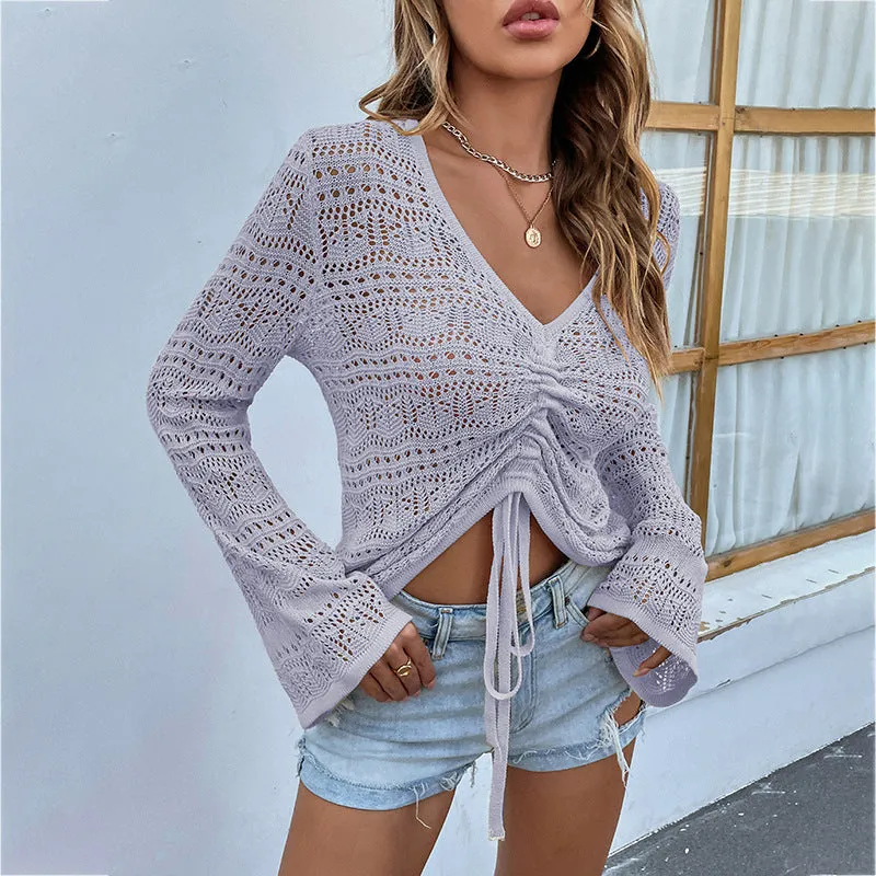 Sexy V-Neck Hollow Drawstring Knit Crop Tops Flared Sleeve Solid Color Loose Wholesale Sweater