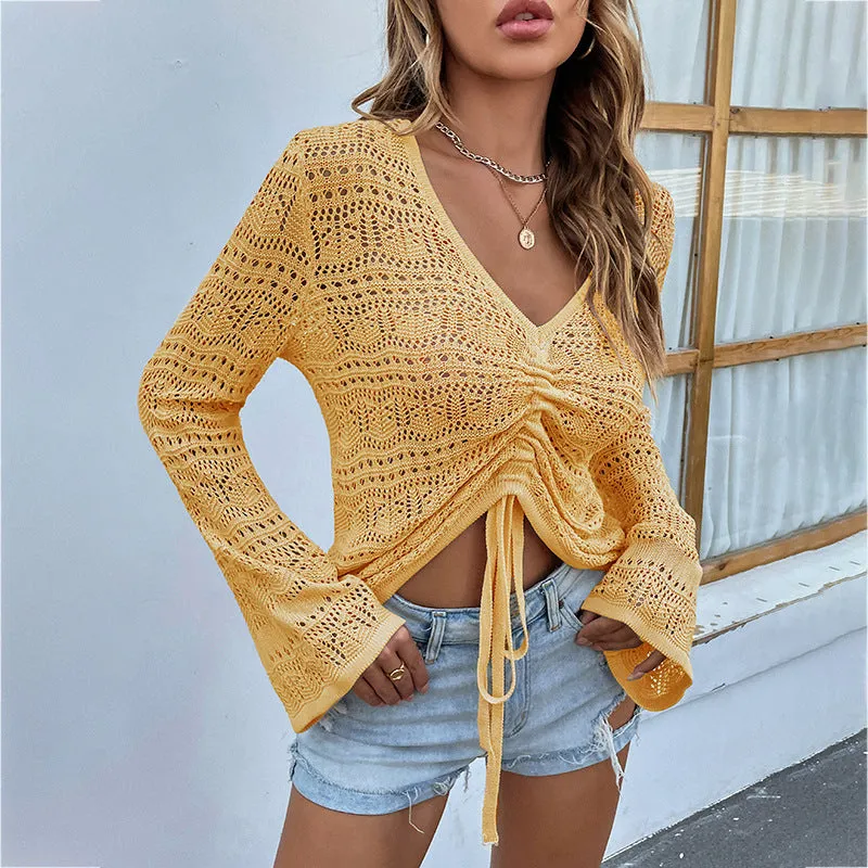 Sexy V-Neck Hollow Drawstring Knit Crop Tops Flared Sleeve Solid Color Loose Wholesale Sweater