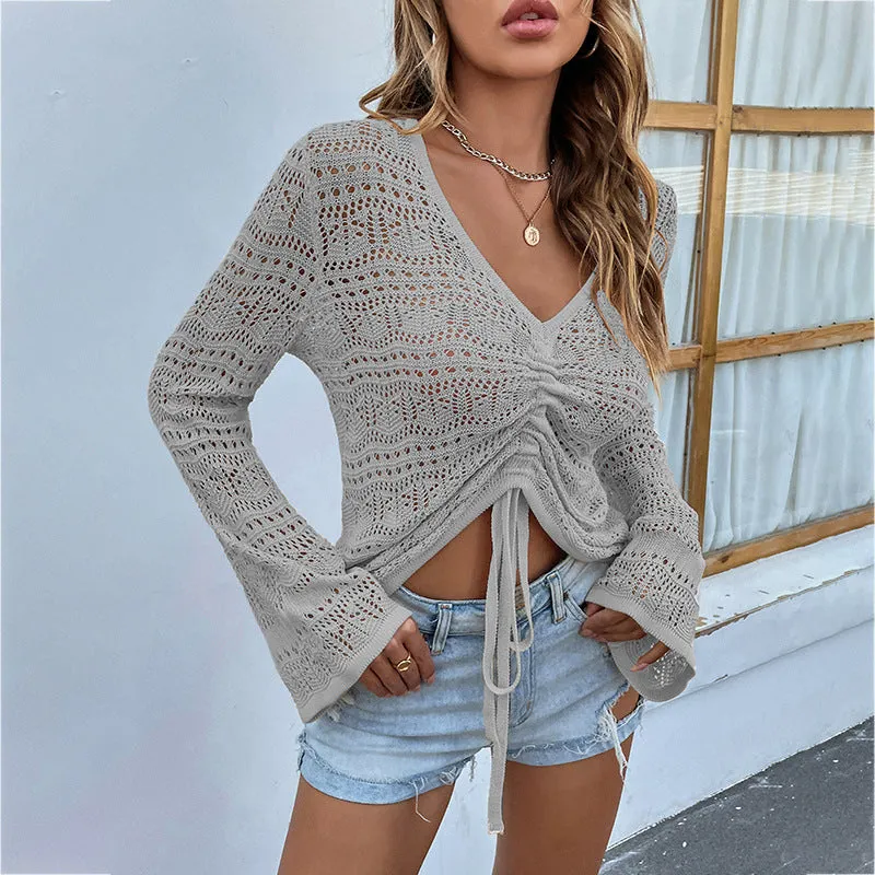 Sexy V-Neck Hollow Drawstring Knit Crop Tops Flared Sleeve Solid Color Loose Wholesale Sweater