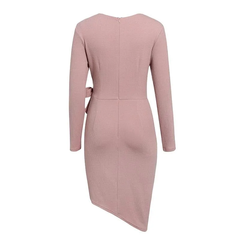 Sexy V-neck Knitted Elegant High Waist Bow Long Sleeve Casual Office Autumn Winter Sweater Dress