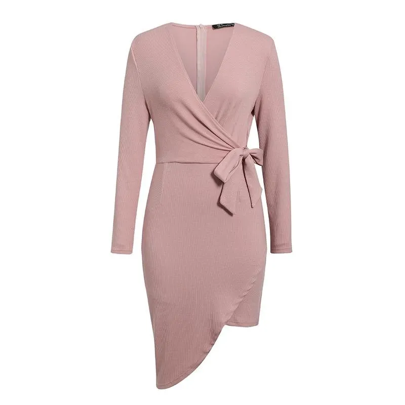 Sexy V-neck Knitted Elegant High Waist Bow Long Sleeve Casual Office Autumn Winter Sweater Dress