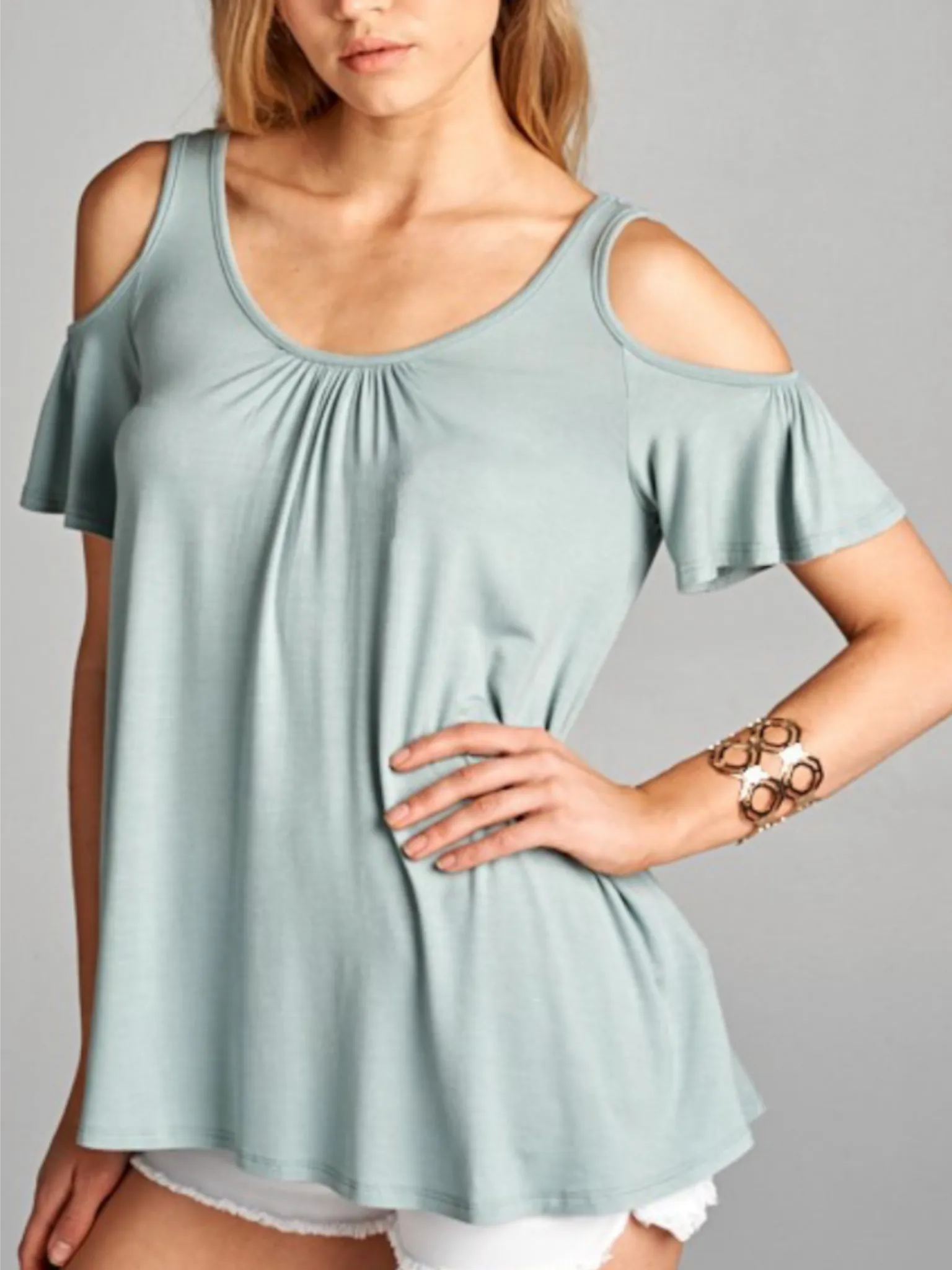 Shannon Cold Shoulder Ruffle Sleeve Top - Blue Sage