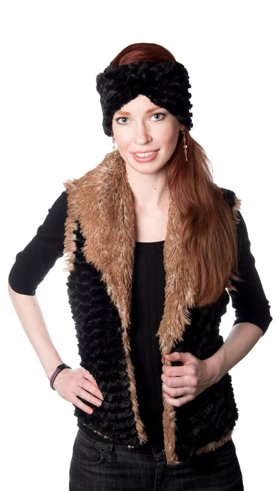 Shawl Collar Vest - Desert Sand Faux Fur with Cuddly Fur in Black