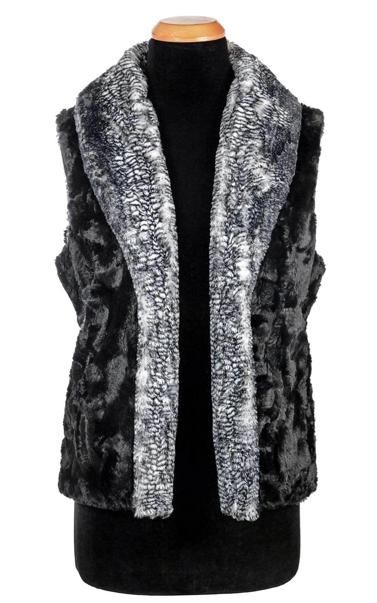 Shawl Collar Vest - Luxury Faux Fur in Black Mamba with Cuddly Fur in Black