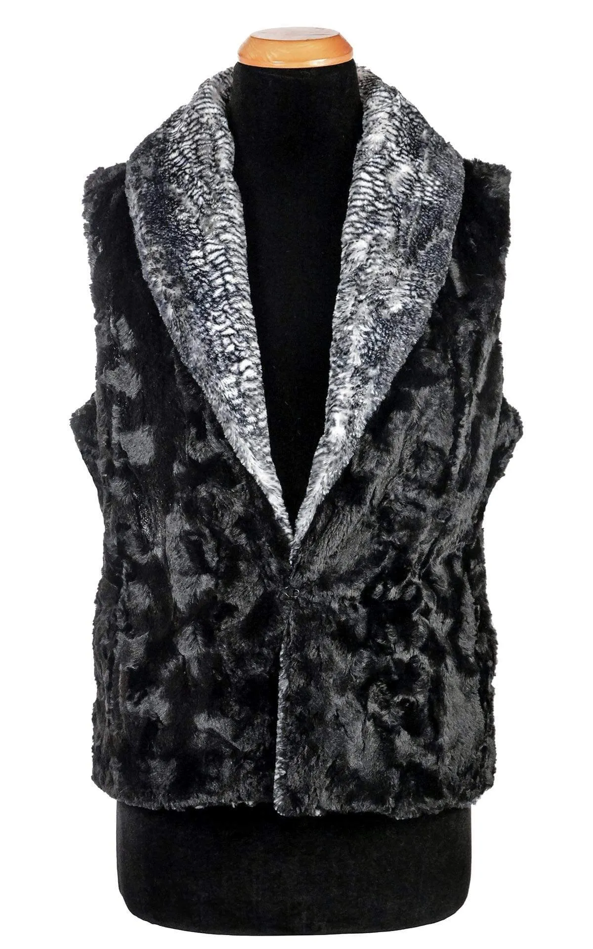 Shawl Collar Vest - Luxury Faux Fur in Black Mamba with Cuddly Fur in Black